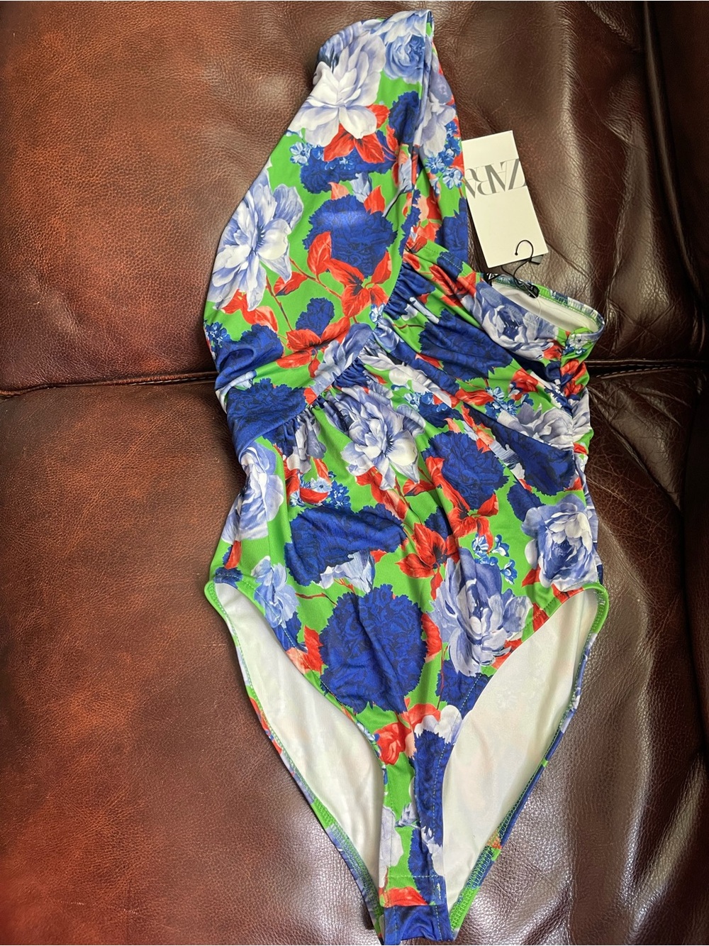 Zara One-Shoulder Floral Swimsuit in Green, Blue & Red